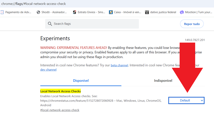 Configuração Local Network Access Checks em Default no chrome://flags