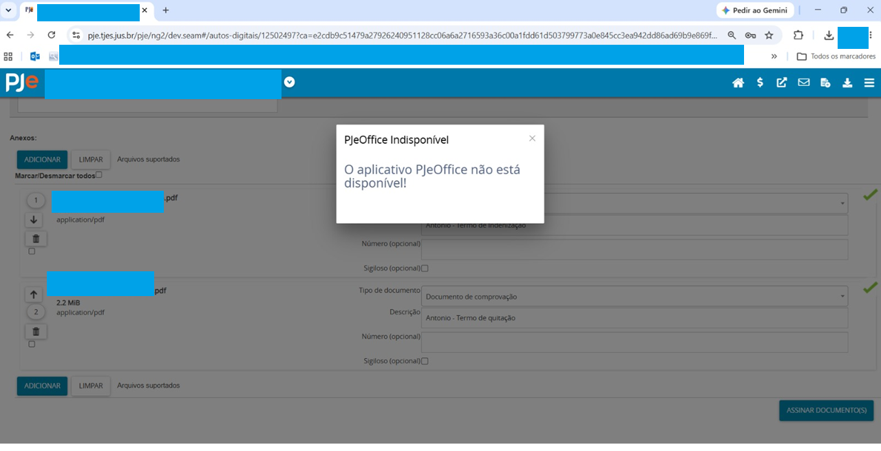 Tela do PJe com o erro PJeOffice Indisponível ao tentar assinar documentos