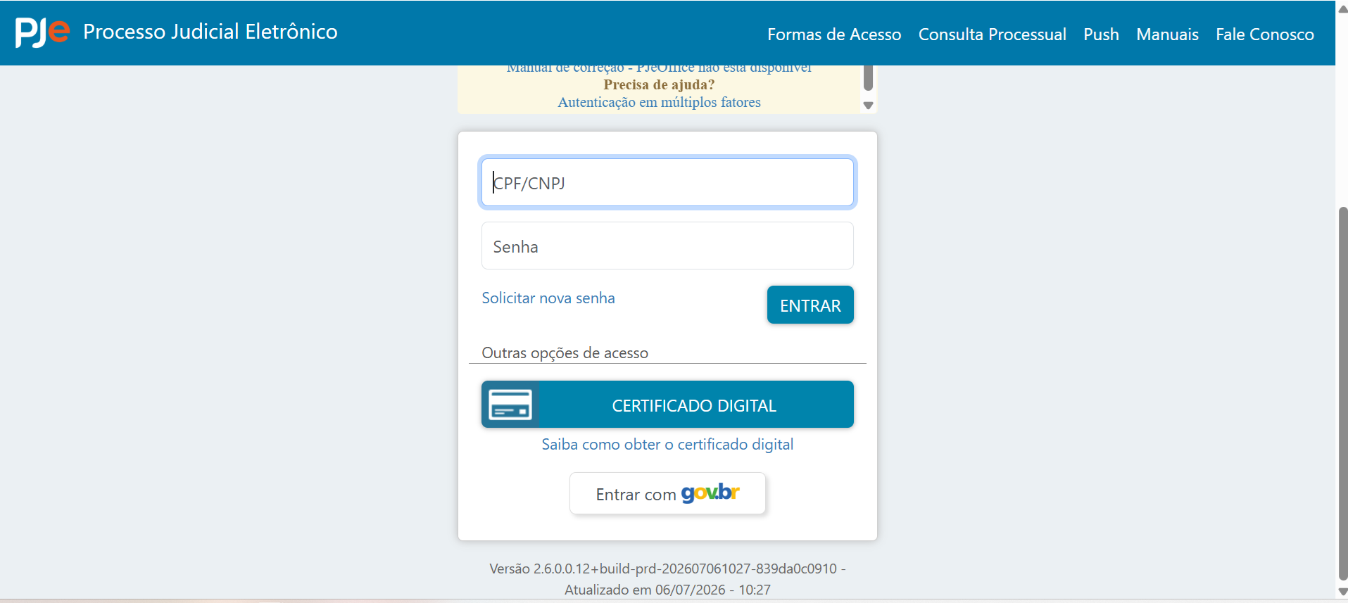 Tela de login do PJe que retorna em loop após o certificado e o captcha
