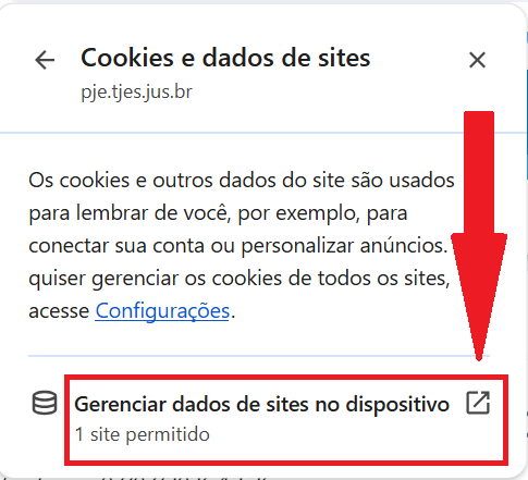Painel Cookies e dados de sites com a opção Gerenciar dados de sites no dispositivo