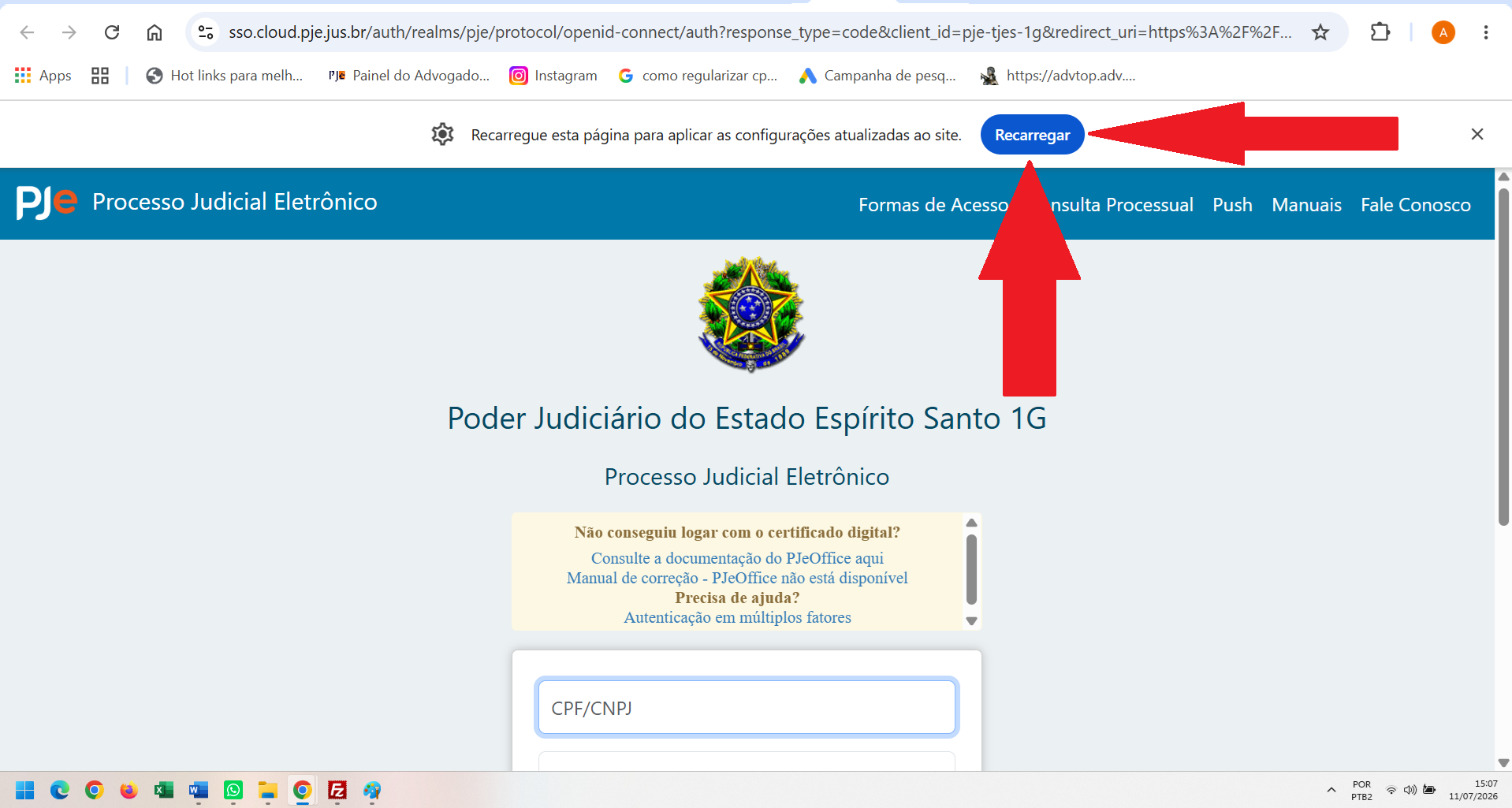 Banner do Chrome pedindo para recarregar a página com o botão Recarregar destacado